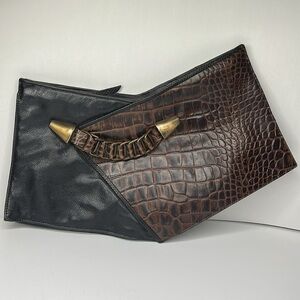 Cynthia Lockhart Large HandStrap Black Leather Croc Embossed Zip Clutch Bag